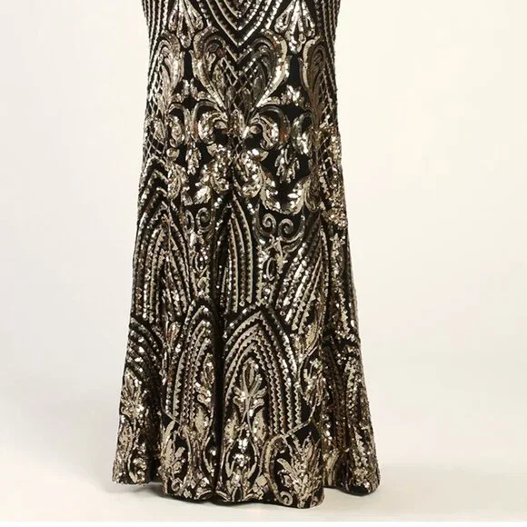 Lulus Truly Alluring Black And Gold Sequin Mermaid Maxi Dress - Size M - Picture 3 of 6